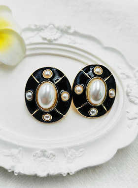 中式复古耳饰西洋古董个性时尚椭圆黑色滴釉珐琅釉耳夹【B141】