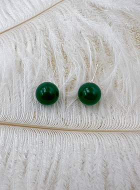 新中式复古耳环女款古典文艺简约时尚墨绿色圆球耳钉【C419】