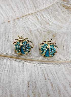 新款蓝色甲壳虫耳饰水钻合金百搭时尚个性可爱飘虫动物【C092】