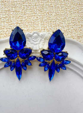 欧美彩钻奢华耳饰重工蓝色宝石耳环复古宫廷风几何耳钉【C040】