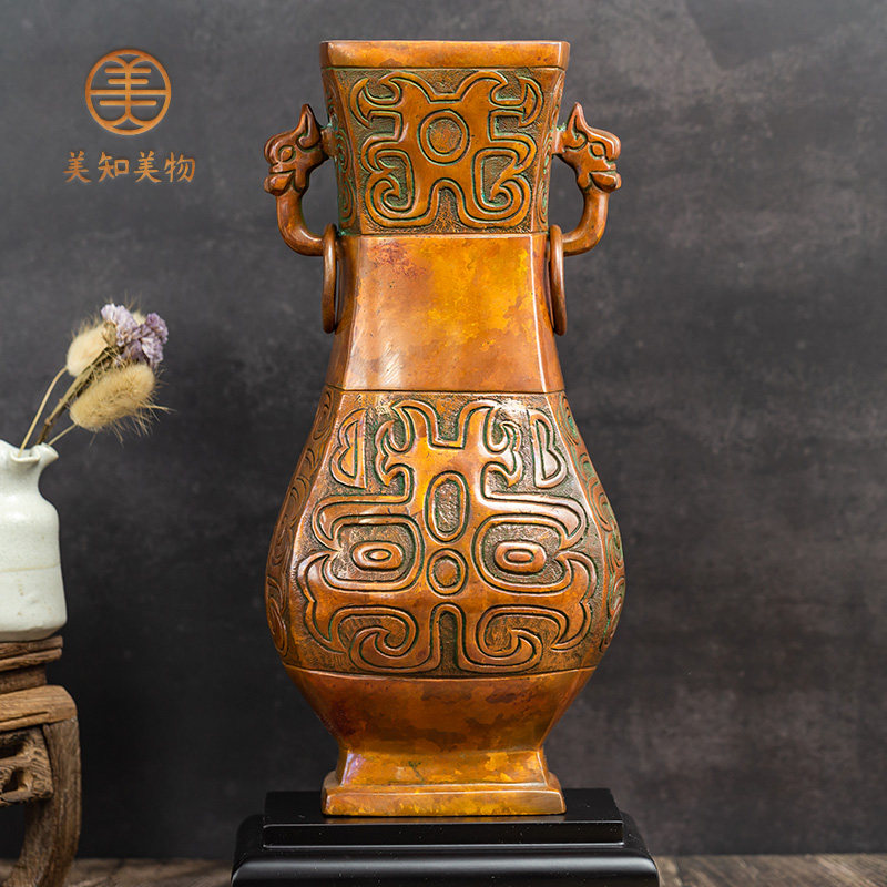 【四方古瓶】斑铜金属工艺品仿古典青铜器供佛装饰铜花瓶非遗摆件