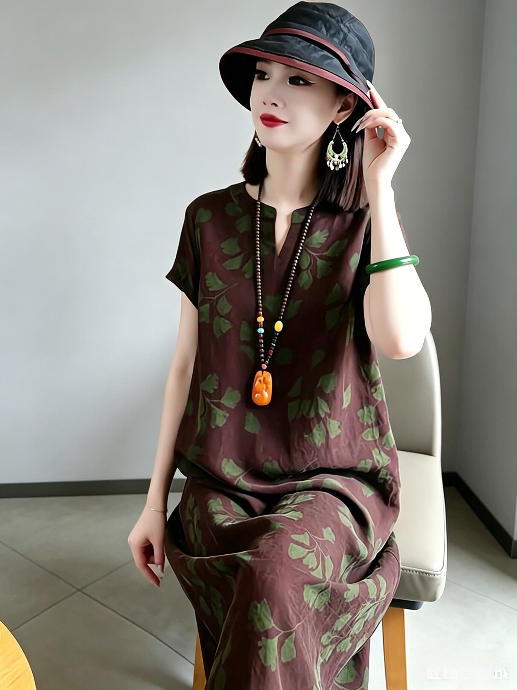 香云纱桑蚕丝连衣裙2026新女时尚气质显瘦V领中长款中老年妈妈裙