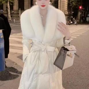小香风羽绒服女2025新款修身收腰中长款轻奢大毛领小个子外套白色
