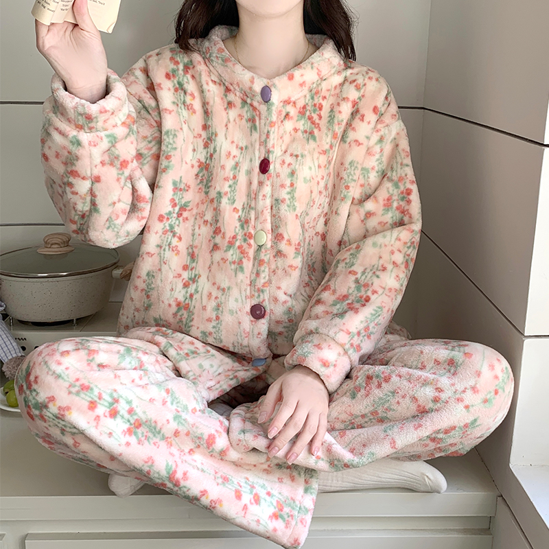 法兰绒睡衣女秋冬季开衫套装