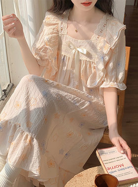 棉绸夏季甜美蕾丝短袖睡裙