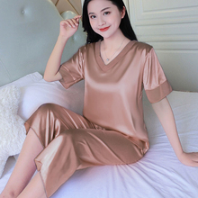 网红爆款冰丝短袖睡衣女夏款性感V领甜美蕾丝花边丝绸春秋两件套