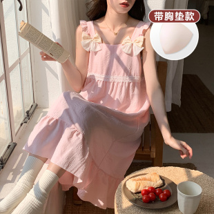 带胸垫200斤胖妹纯色甜美蕾丝花边家居服 睡裙女夏季 加肥大码 新款