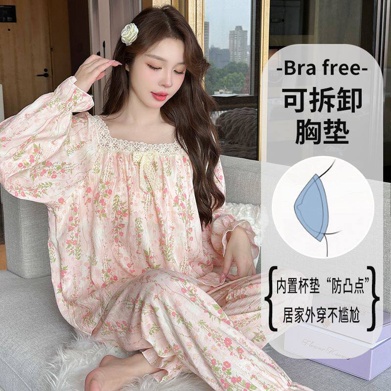 网红带胸垫睡衣女春秋冬季薄款长袖套装夏天蝴蝶结甜美可爱家居服