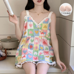 夏季 家居服 睡衣女吊带套装 带胸垫复古田园风蕾丝花边甜美背心短裤