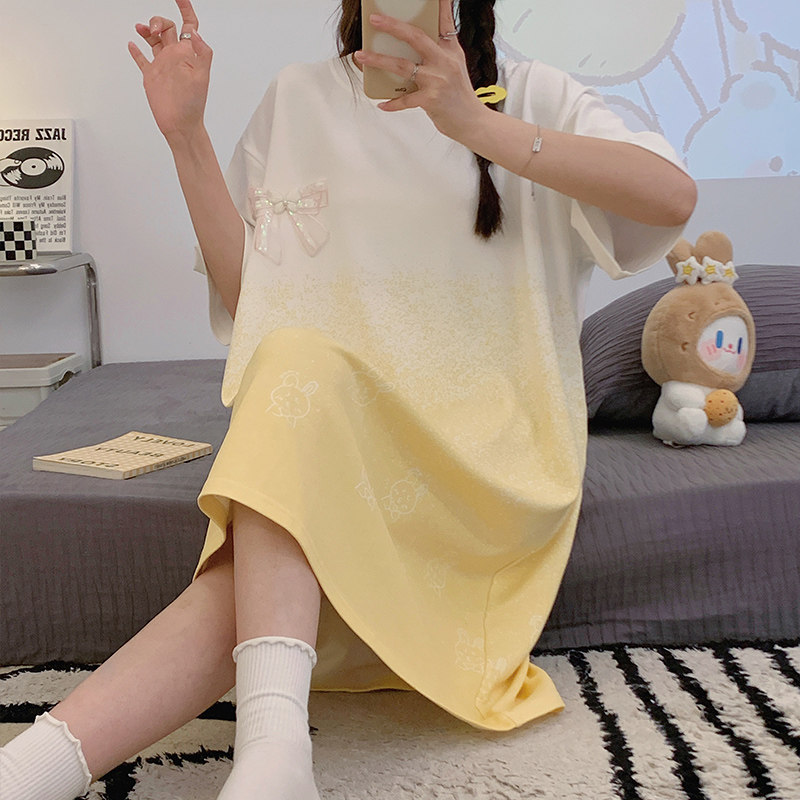 夏季新款纯棉短袖睡裙女薄款渐变色清新可爱大码宽松孕妇居家睡衣