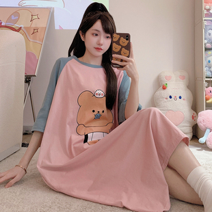 纯棉大码睡裙女夏季短袖圆领睡衣加肥300斤宽松休闲可外穿家居服