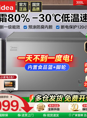 美的300升家用冰柜单温冷藏冷冻卧式小型一级节能商用全冷冻冰箱