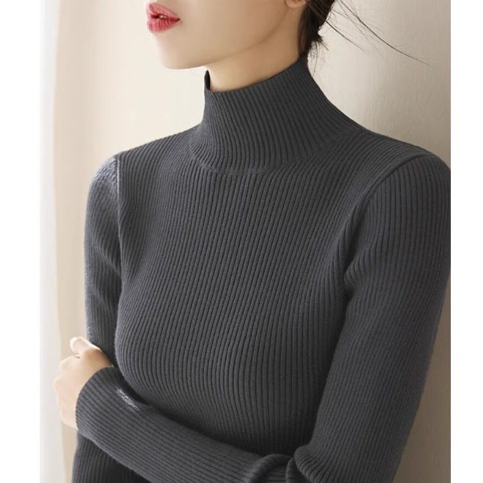 高级灰毛衣针织衫女春秋弹力修身内搭长袖坑条纹半高领螺纹打底衫,女装/女士精品,大码内搭,淘宝优惠券,粉丝福利购,淘宝优惠卷