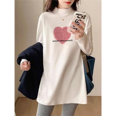 半高领德绒打底衫女士春秋中长款加厚白色T恤卫衣配鲨鱼裤的上衣