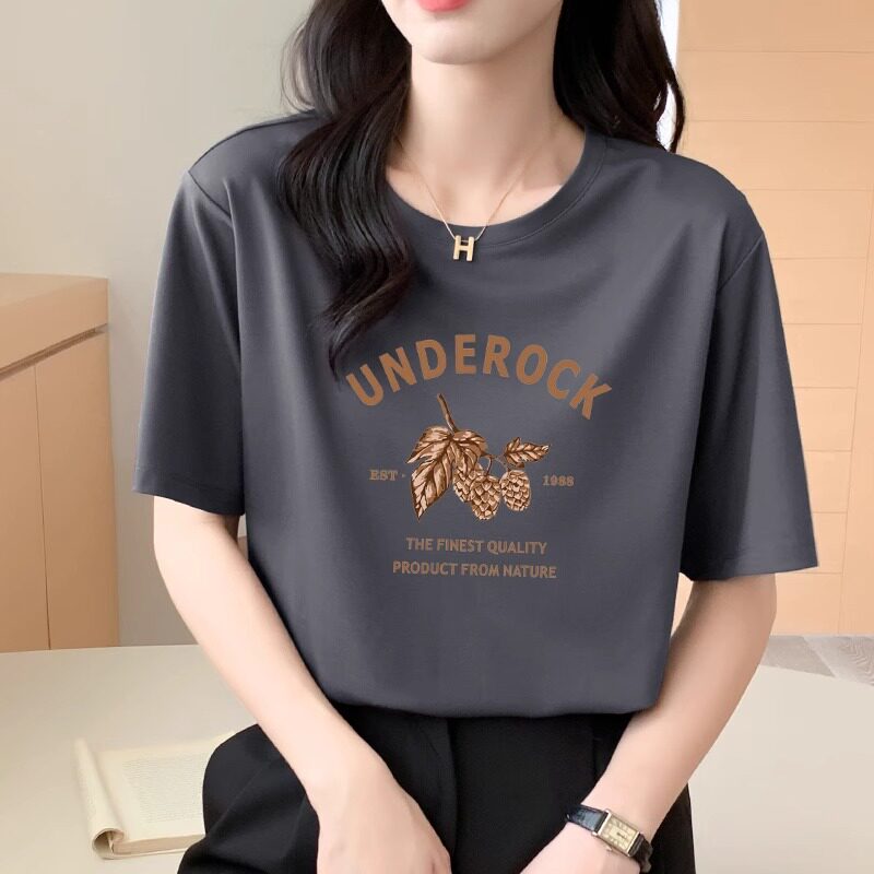 고급 텐셀 반팔 티셔츠 디자인 오른쪽 어깨 여름 신상 여장 루즈핏 날씬한 프린트 탑