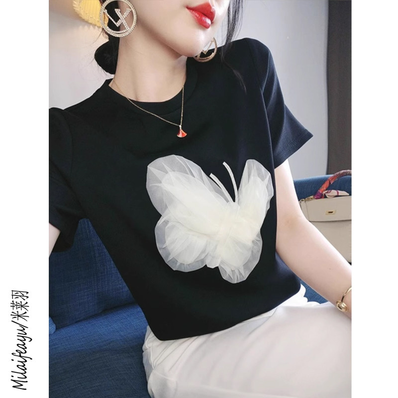 黑色法式短袖T恤女夏季宽松新款高级感别致漂亮小衫女设计感上衣