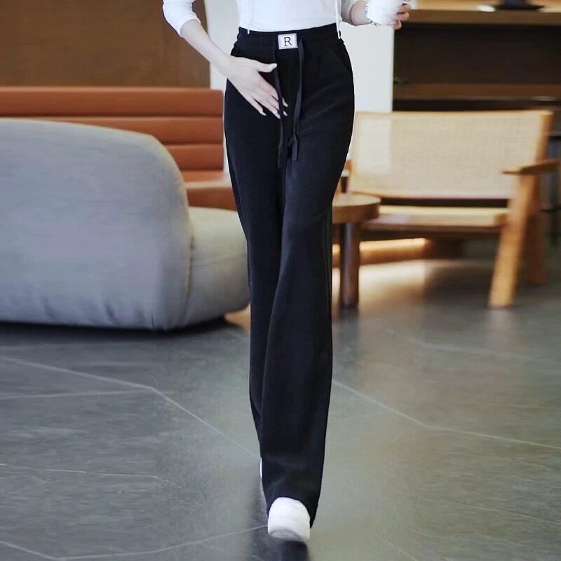 窄版阔腿裤女2025新款秋冬条绒雪尼尔黑色宽松加绒高腰显瘦休闲裤