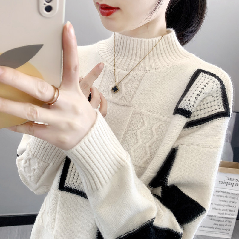 半高领2025春秋拼色加厚新款冬季洋气内搭爆款打底衫毛衣女士宽松,女装/女士精品,大码内搭,淘宝优惠券,粉丝福利购,淘宝优惠卷