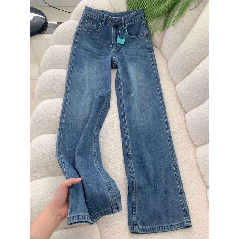 美式高腰阔腿直筒牛仔裤女春秋夏新款复古蓝宽松垂感窄版休闲裤子