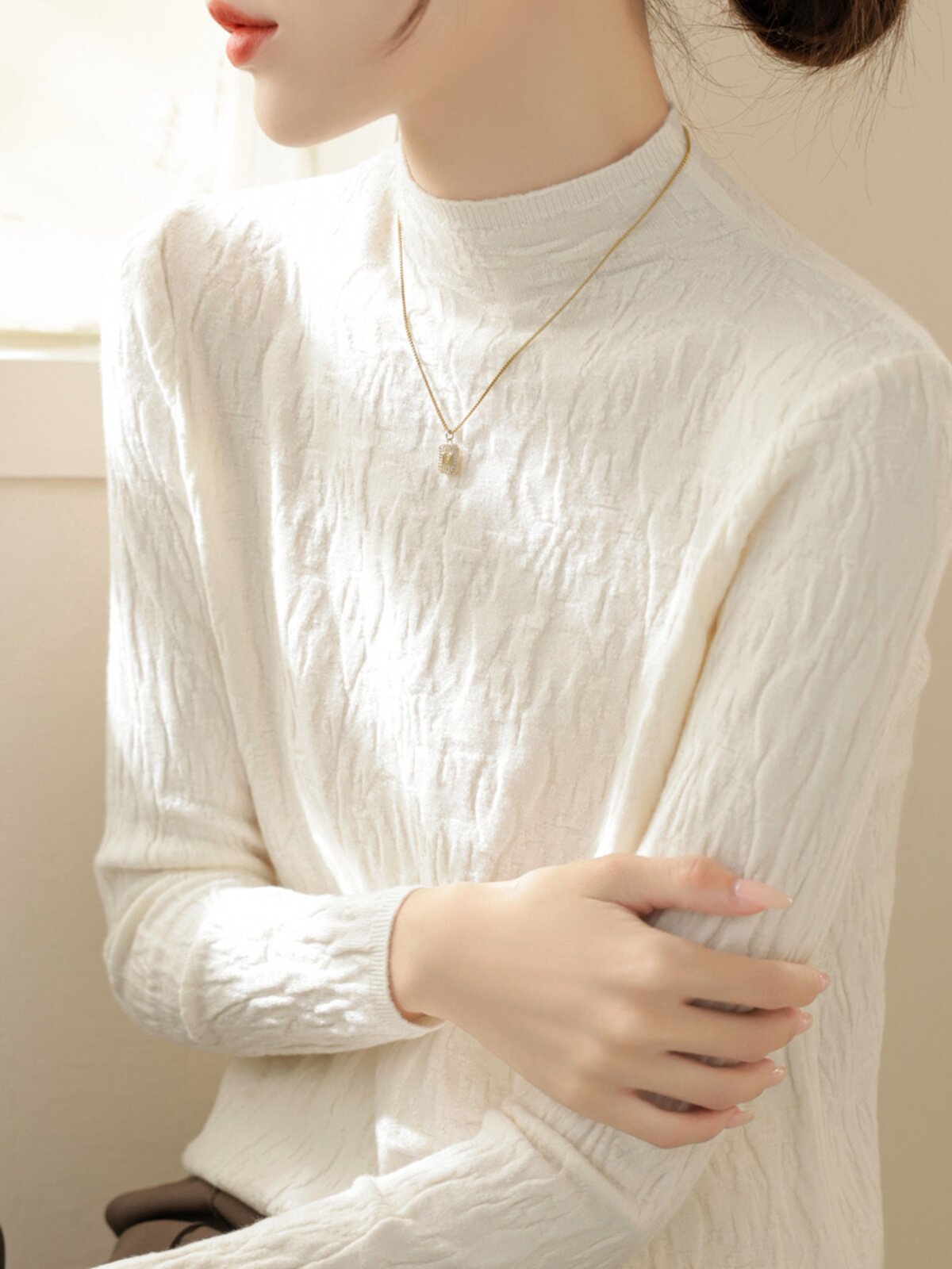 春秋新款半高领内搭长袖针织打底衫女修身凹凸纹理法式慵懒风上衣,女装/女士精品,大码内搭,淘宝优惠券,粉丝福利购,淘宝优惠卷