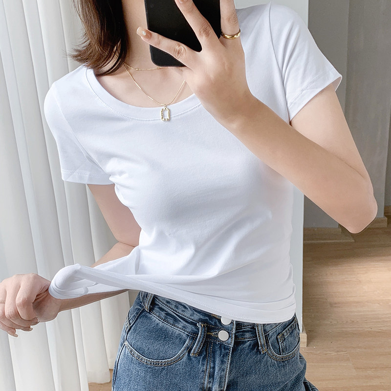 纯棉t恤女2026夏季新款修身白色圆领短袖小众设计半袖紧身上衣薄