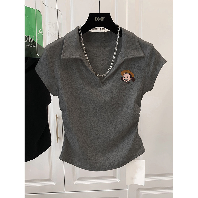 翻领无扣正肩T恤polo领衫女深灰色纯棉短袖V领上衣短款修身设计感