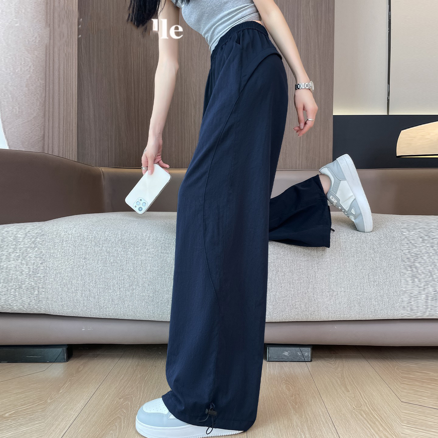 藏青色冰丝速干阔腿裤女夏季薄款美式高腰显瘦防晒运动休闲工作服