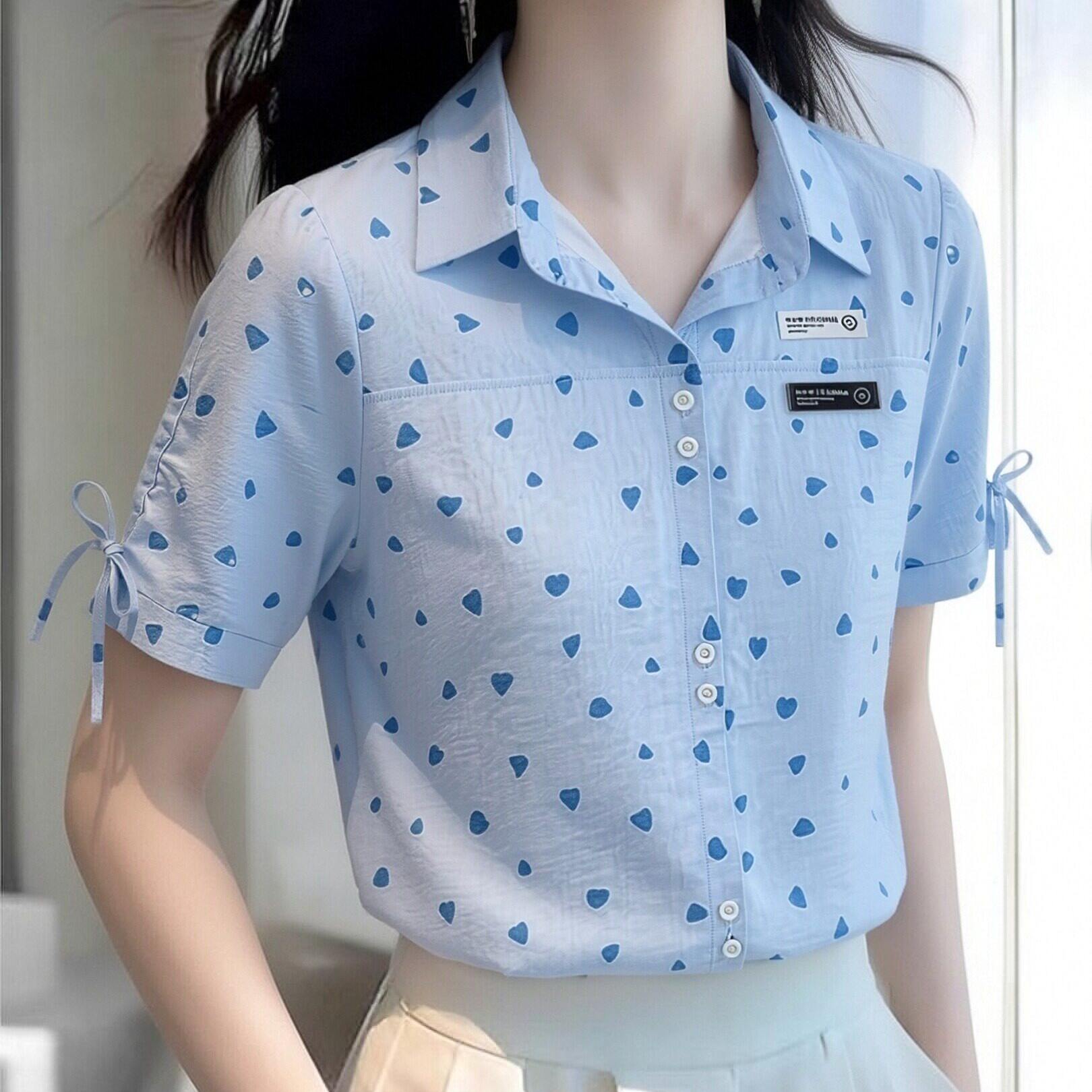 雪纺短袖衬衫女新款夏季宽松百搭POLO领翻领爱心显瘦时尚衬衣上衣