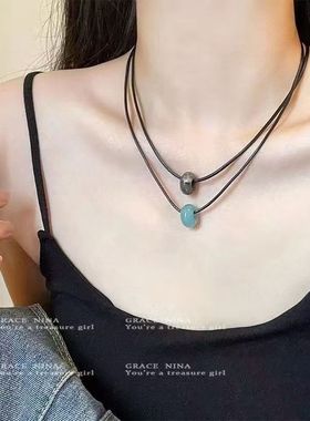 绿松石吊坠蓝色串珠项链女小众设计复古百搭气质冷淡风锁骨链