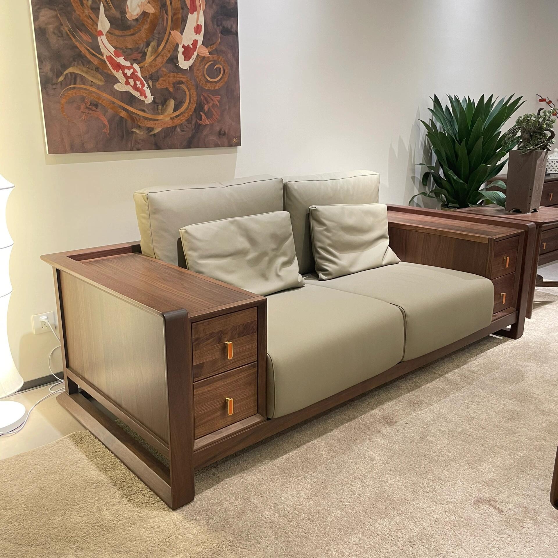 新中式禅意黑胡桃白蜡木沙发茶几真皮高端客厅酒店民宿办公室家具