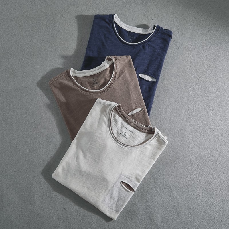 春秋男士竹节棉长袖T恤圆领纯棉修身撞色毛边体恤休闲打底衫潮男t