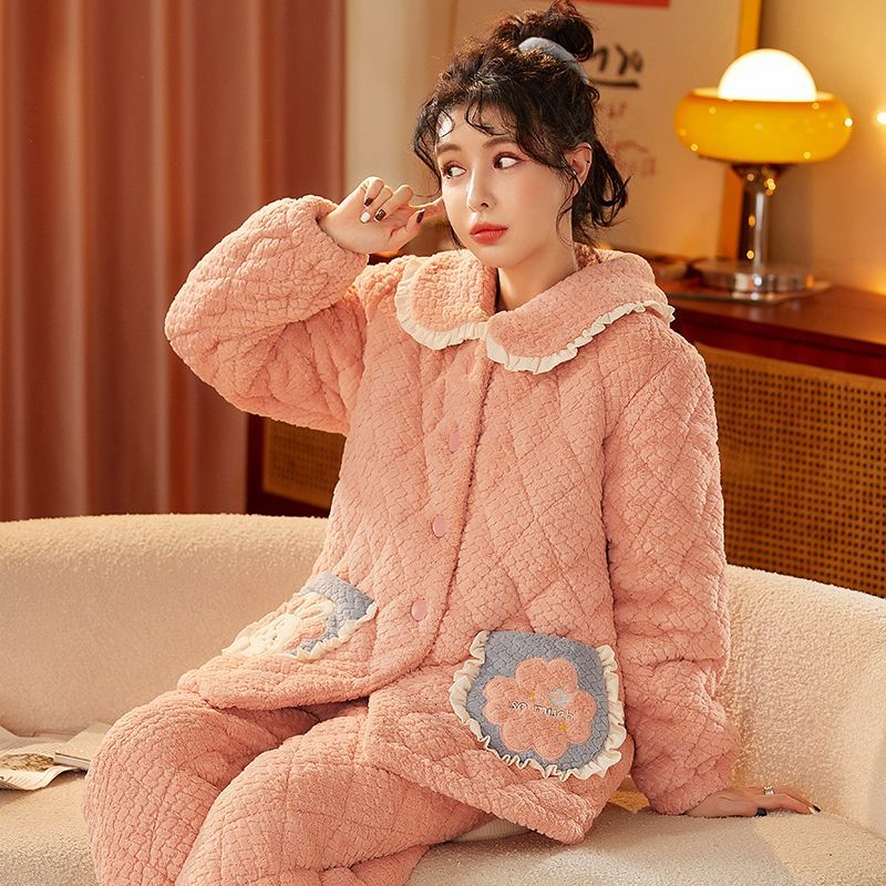 睡衣女冬珊瑚绒三层夹棉袄加绒加厚大码法兰绒家居服套装秋可外穿