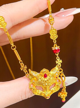金店同款沙金澜焰灵狐面具项链女轻奢小众高级感小花假面狐狸配饰
