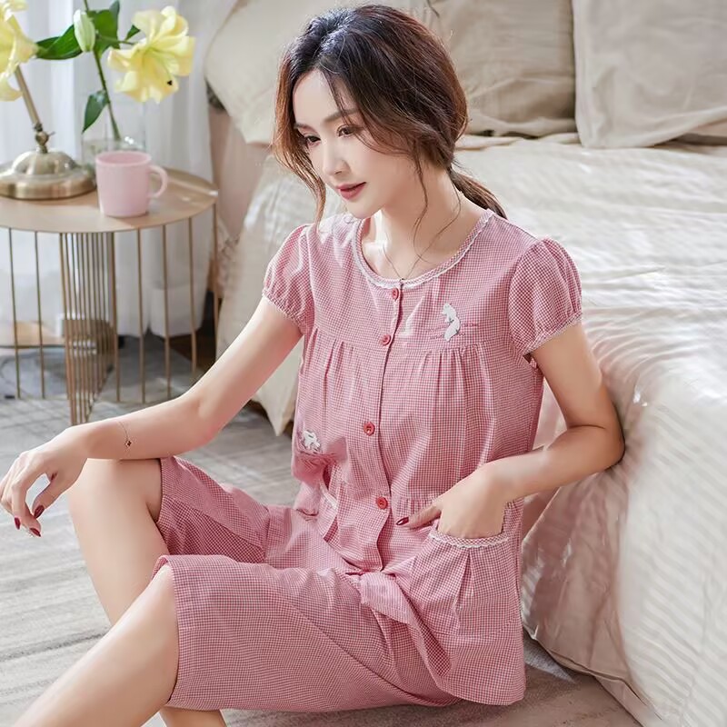 梭织纯棉睡衣女夏季短袖薄款
