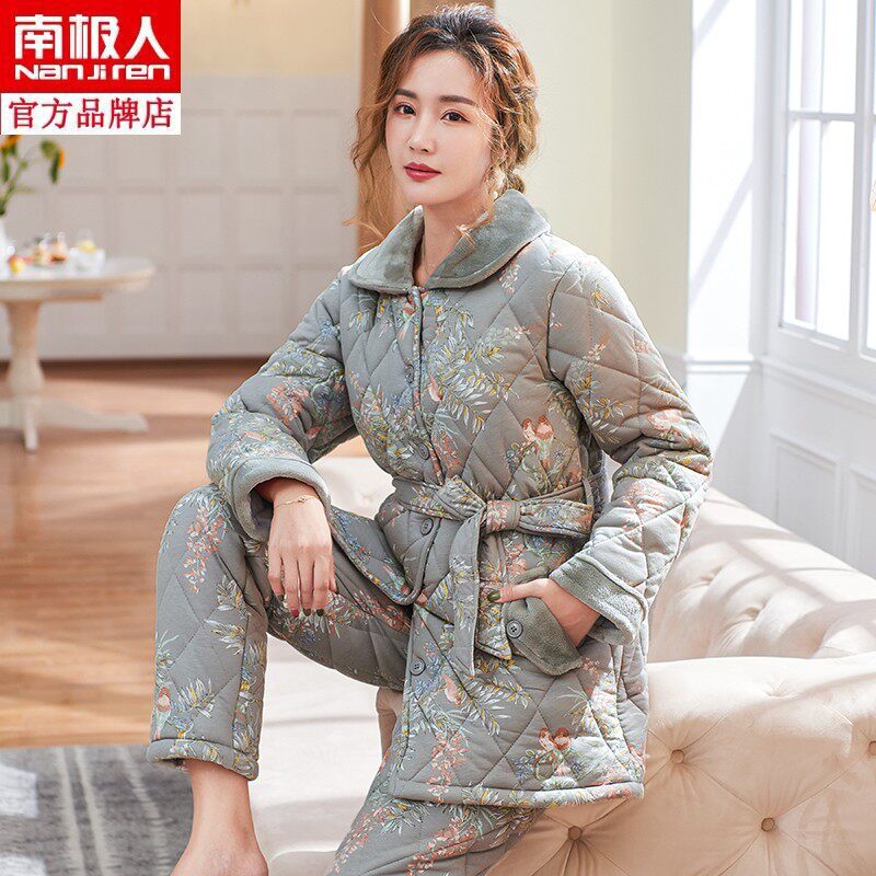 南极人妈妈睡衣女秋冬季加厚三层夹棉袄保暖长款大码中老年家居服