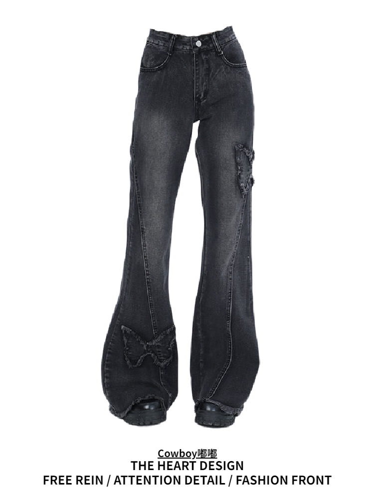 미국 복고풍 나비 접합 원시 가장자리 청바지 여성 마이크로 경적 느슨한 슬림 스트레이트 바닥 청소 바지 봄과 가을 새로운 스타일