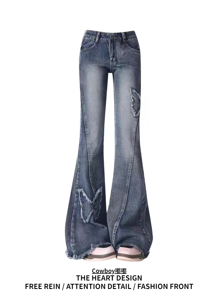 미국 복고풍 나비 접합 원시 가장자리 청바지 여성 마이크로 경적 느슨한 슬림 스트레이트 바닥 청소 바지 봄과 가을 새로운 스타일