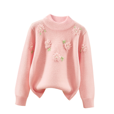 女童纯色毛衣2025新款儿童圆领加厚绣花针织衫中大童秋冬洋气打底