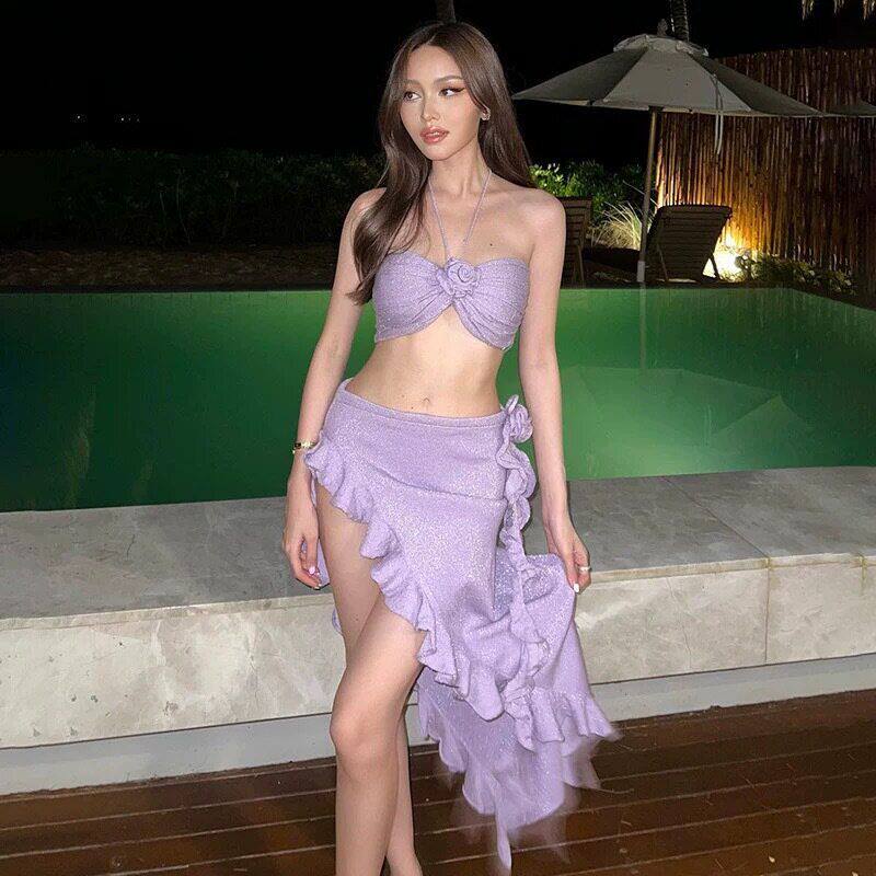 2025跨境泳衣新款吊带性感辣妹紫色海边度假长裙三件套分体游泳衣