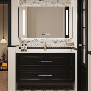 法式 复古浴室柜组合卫生间陶瓷一体盆洗漱台橡木烤漆洗手池洗脸盆