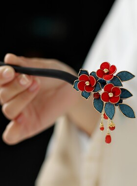 红色花朵敬酒服头饰丸子头盘发秀禾发饰玛瑙流苏禅木发簪中古木簪