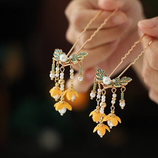 桂花流苏古风发簪盘发头饰花朵珍珠女童汉服发饰日常点缀古典簪花