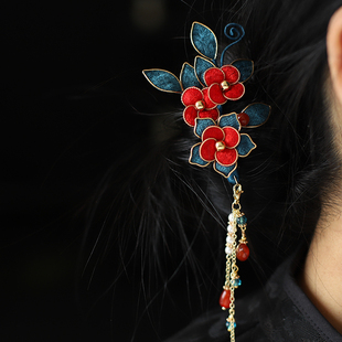 红色花朵发卡新娘秀禾敬酒服头饰新中式秋冬新年发夹古风汉服头饰