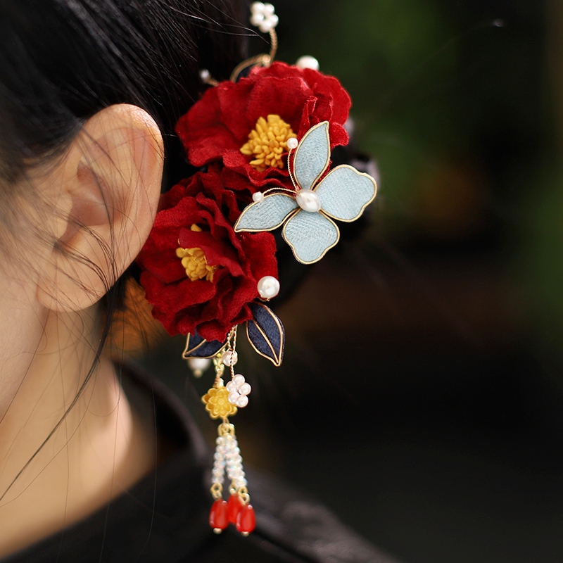 红色山茶花u型发簪新娘头饰古风盘发秀禾妈妈结婚新年发饰喜婆婆