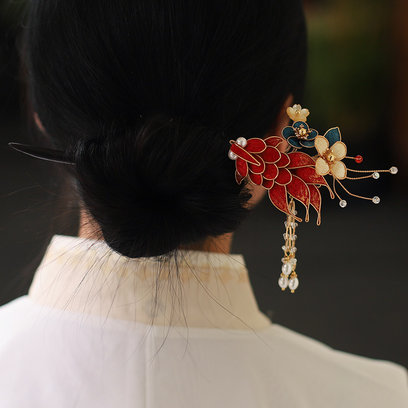 红色锦鲤新中式禅木发簪订婚秀禾服盘发新娘配饰古风汉服花朵头饰图片
