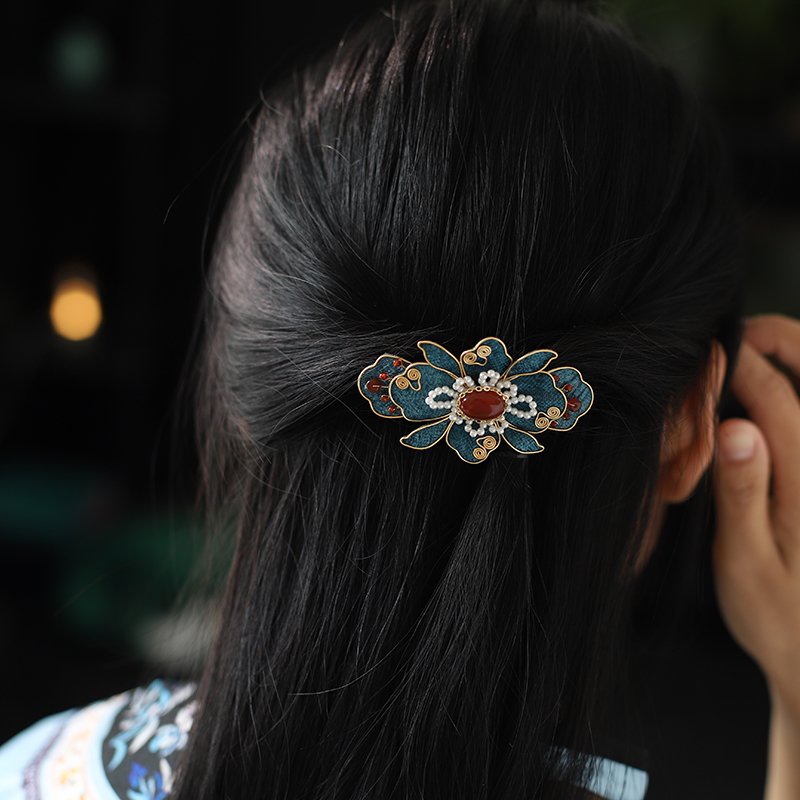 清汉女发饰半扎发弹簧发夹古风汉服头饰秋冬清冷感红玛瑙旗袍配饰