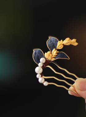 蓝色布绒桂花古风汉服头饰精致花朵发饰新中式旗袍秀禾配饰头饰女