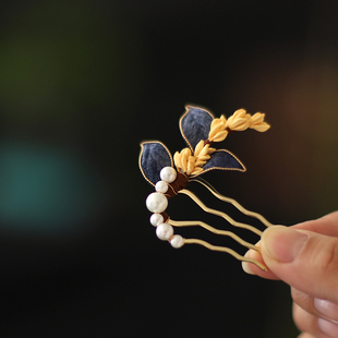 蓝色布绒桂花古风汉服头饰精致花朵发饰新中式旗袍秀禾配饰头饰女