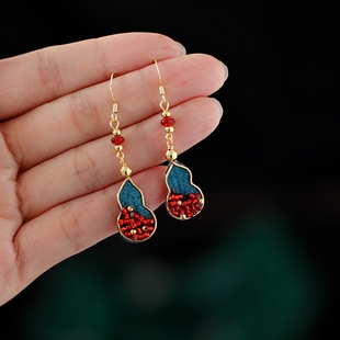 蓝色布绒新中式耳环红色米珠葫芦耳坠新娘秀禾服国风耳饰汉服配饰
