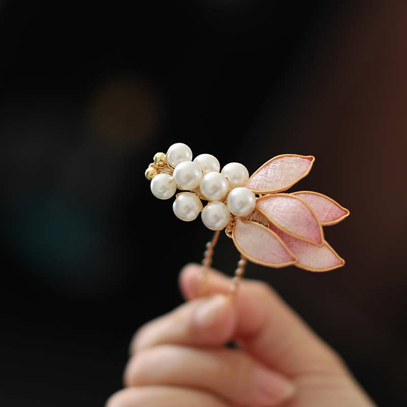 粉色掐丝汉服头饰古风女童发饰珍珠锦鲤发钗古典舞簪子新中式配饰